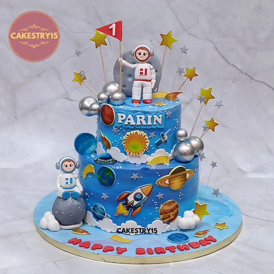 4kg eggless choco chips space theme first birthday cake with astronaut toppers and planets from Cakestry15 in noida