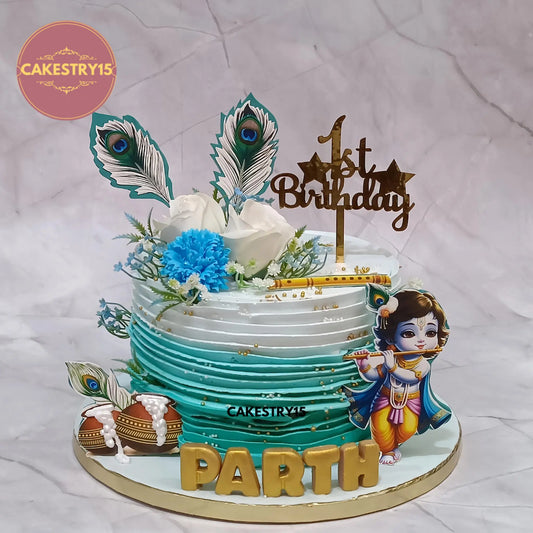 2kg Krishna theme choco vanilla birthday cake for first birthday by Cakestry15 in Noida