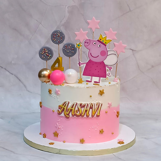 A personalized peppa pig  birthday cake with a pink and white gradient design, decorated with gold lettering spelling 'AASHVI', gold stars, and small gold and pink balloons. The cake is topped with Peppa Pig character topper, a gold number 4, and pink star toppers.