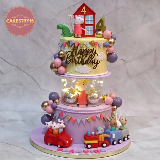 Peppa Pig lights and spacer kids birthday cake with handcrafted figurines, premium theme cake Noida from Cakestry15 featuring fresh eggless cakes.