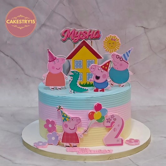 Peppa Pig kids birthday cake with rainbow icing, a beautiful theme cake Noida families love, freshly made as premium eggless cakes for girls.