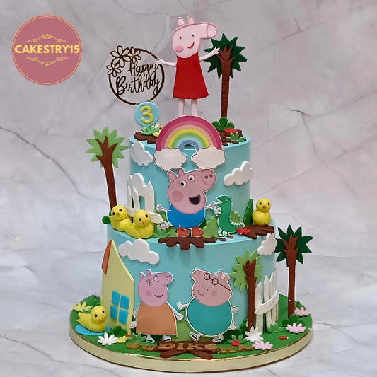 Peppa Pig theme 3rd birthday cake in choco vanilla with fondant rainbow, house, ducks and characters eggless cake Noida