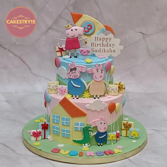 Peppa Pig theme 3rd birthday cake in chocolate flavour with edible characters, rocket, balloons and clouds design in Noida