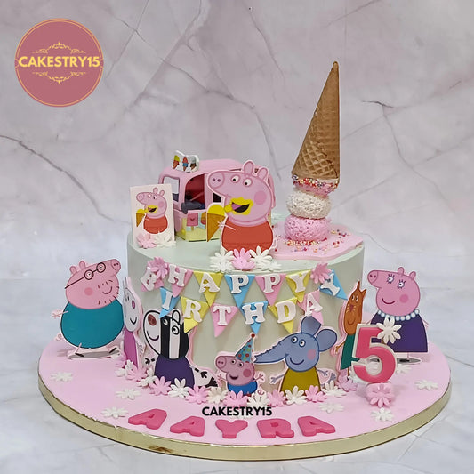 Peppa Pig theme eggless chocolate kids birthday cake for Aayra’s 5th birthday by Cakestry15 in Noida
