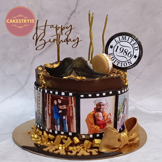 Eggless kids birthday cake inspired photo design featuring reel-style pictures, crafted as a premium theme cake Noida customers can personalise for special celebrations.
