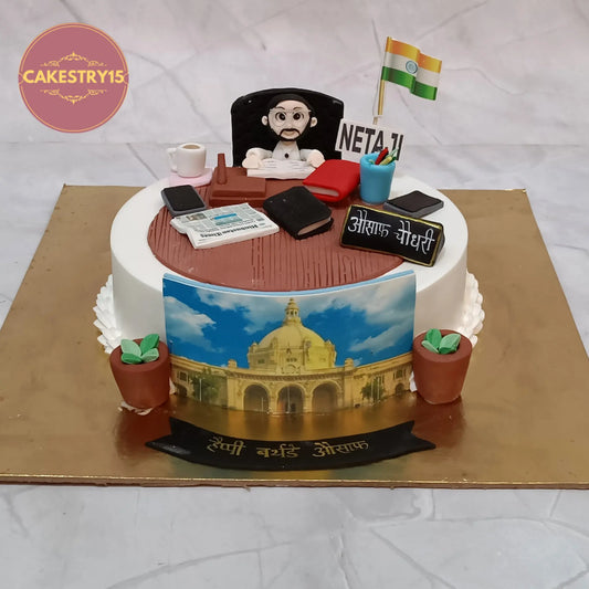 Politicians theme birthday cake in Noida featuring desk design, eggless cakes with custom theme cake Noida elements