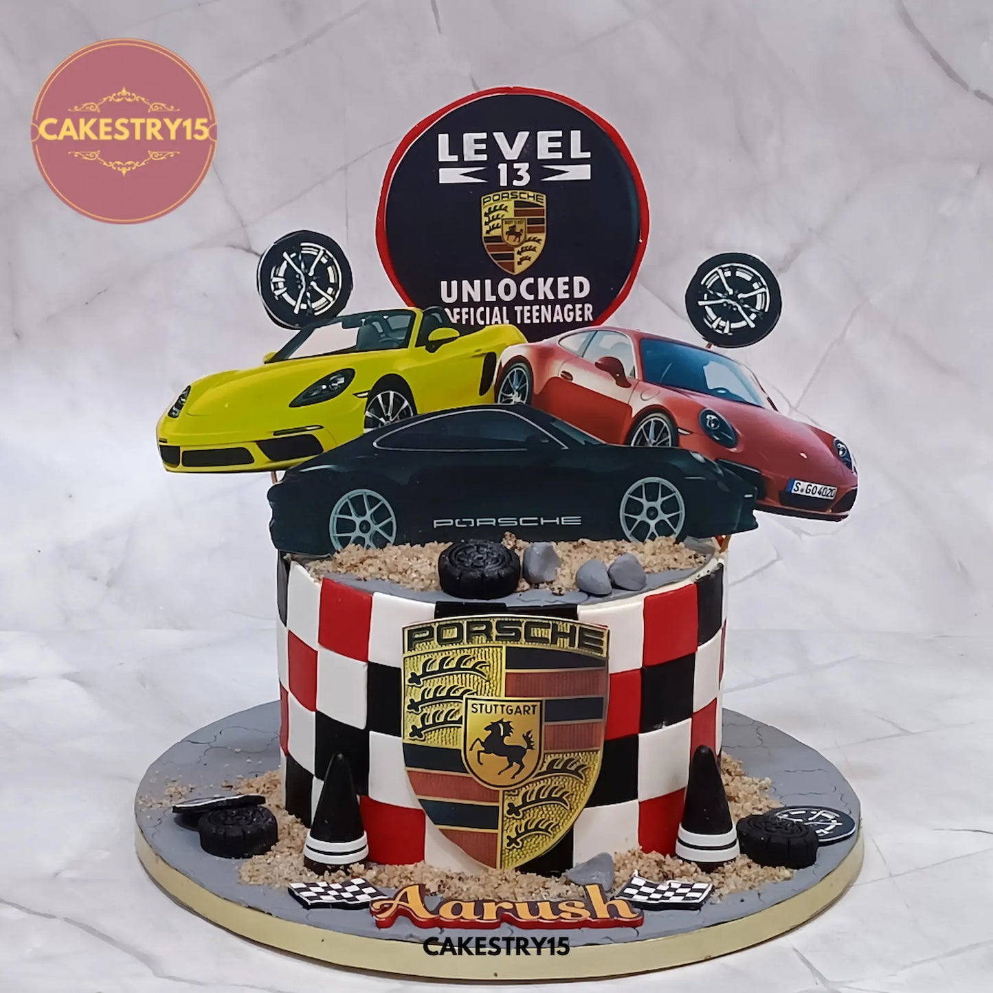 Eggless Porsche theme teen birthday cake with black forest flavour and Level 13 Unlocked design by Cakestry15 Noida