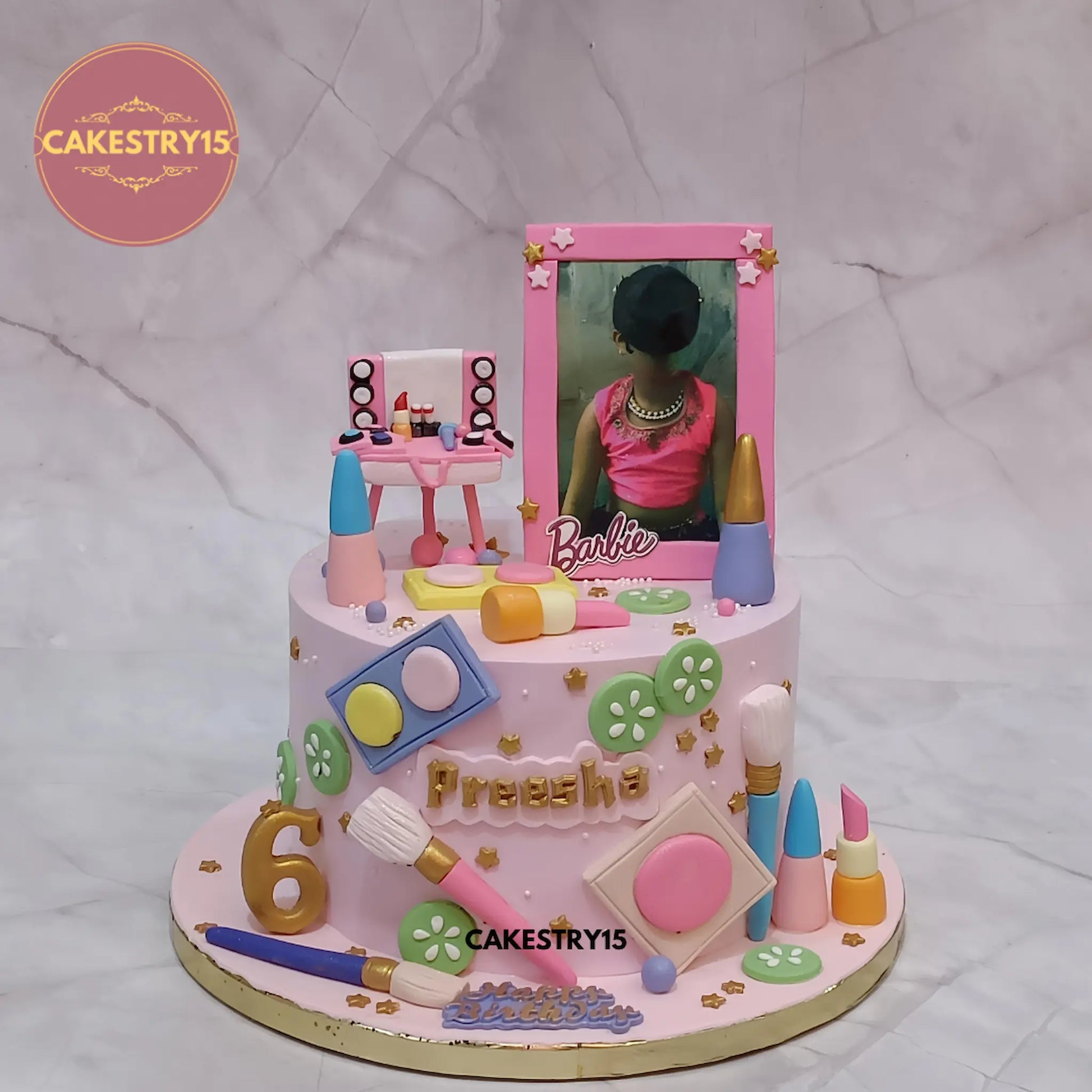 Makeup theme pineapple cake with fondant lipsticks and edible photo from Cakestry15