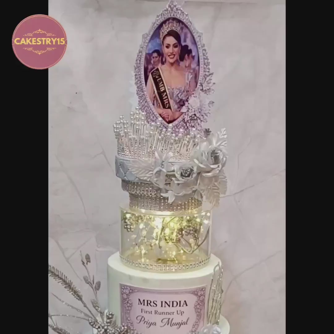 Close-up video of the rotating crown on a Mrs India winner 3 tier custom cake.