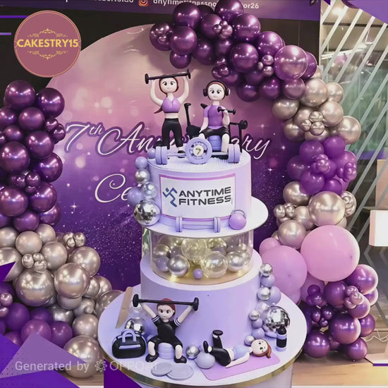 Anytime Fitness gym anniversary celebration featuring a 5kg chocolate gym theme cake with fitness figurines, weights and workout elements, handcrafted by Cakestry15 in Noida.