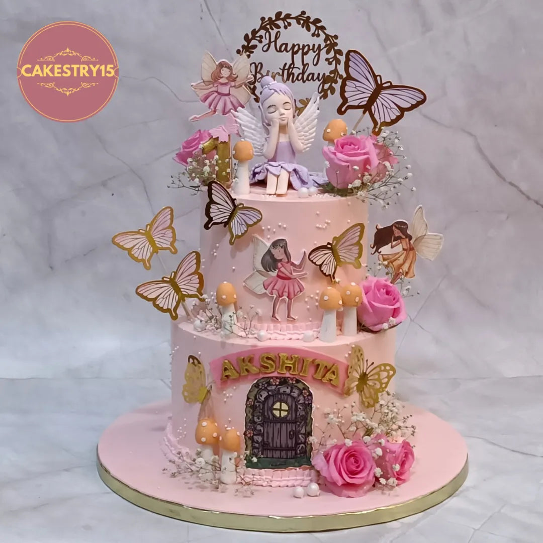 Princess fairy kids birthday cake in Noida with fairy details and floral accents, crafted as premium eggless cakes for first birthday celebrations.