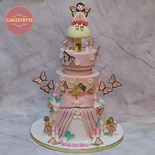 Princess fairy kids birthday cake theme cake Noida with eggless cakes design featuring rotator and butterflies