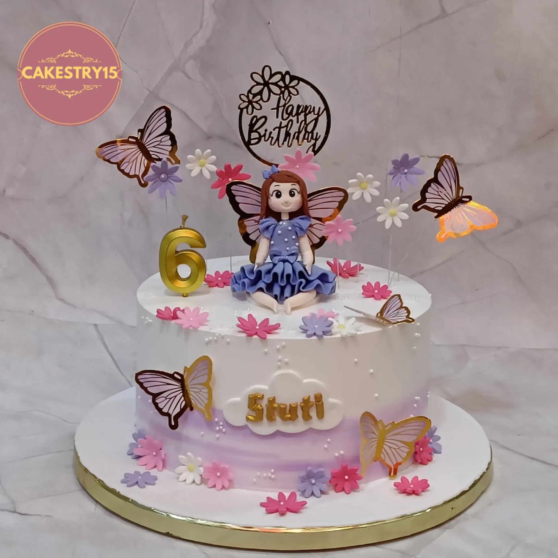 Princess fairy kids birthday cake with butterflies and flowers, premium eggless cakes and theme cake Noida