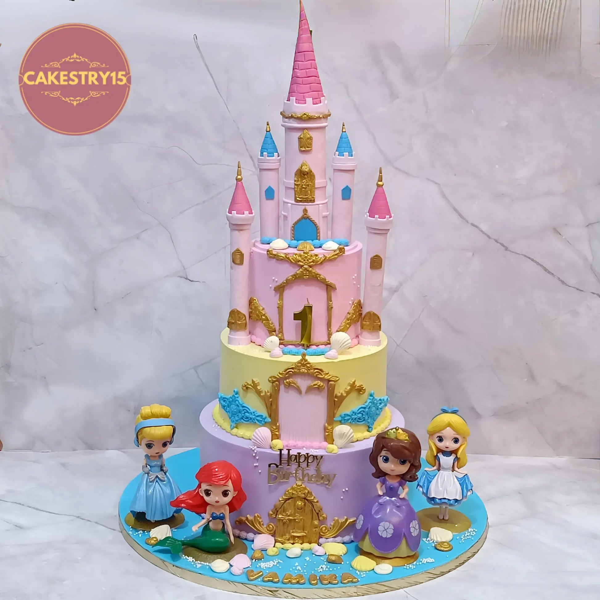 Princess theme first birthday cake in Noida with castle design, 5kg eggless truffle three-tier cake for kids