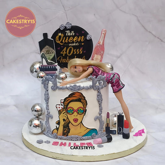 Queen theme glam eggless 40th birthday cake with edible photo and party décor by Cakestry15 Noida