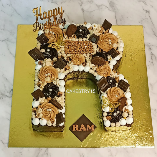 R alphabet birthday cake in a chocolate design from a theme cake Noida bakery offering eggless cakes.