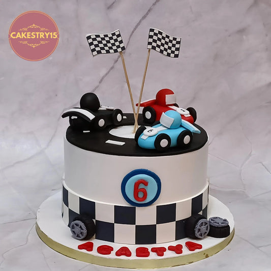 Racing cars kids birthday cake theme cake Noida made with chocolate eggless cakes for kids celebrations