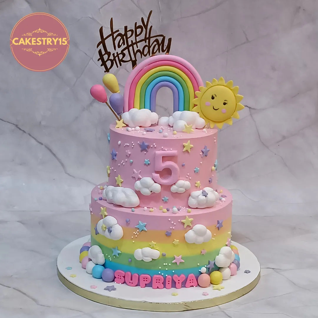 Eggless rainbow kids birthday cake with colourful fondant details, perfect theme cake Noida for premium birthday celebrations.