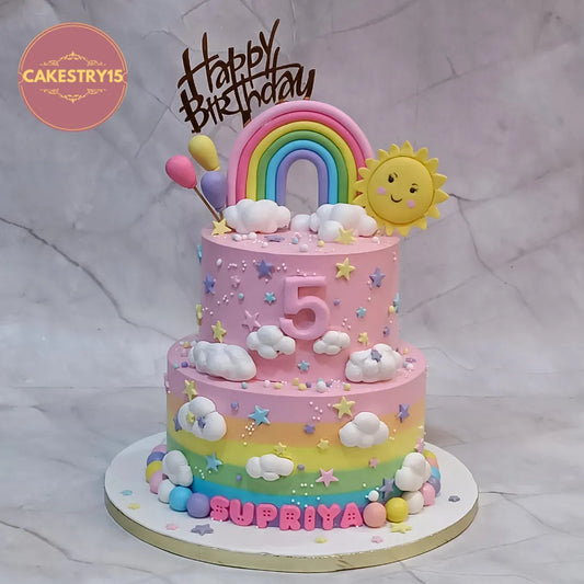 Eggless rainbow kids birthday cake with colourful fondant details, perfect theme cake Noida for premium birthday celebrations.