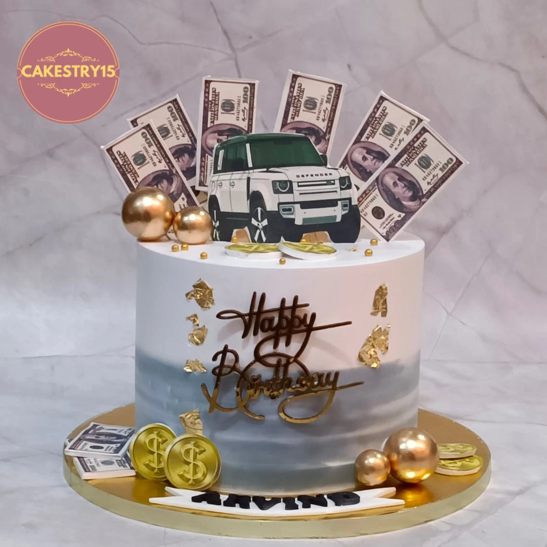 Range Rover Money Theme kids birthday cake crafted as a premium theme cake Noida using fresh eggless cakes for luxury birthday celebrations.