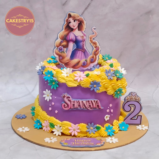 Premium Rapunzel theme kids birthday cake with lavender icing and flowing golden hair, handcrafted as a theme cake Noida using fresh eggless cakes.