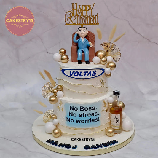 3kg eggless choco butterscotch retirement cake with fondant figurine and Voltas logo by cakestry15 in noida