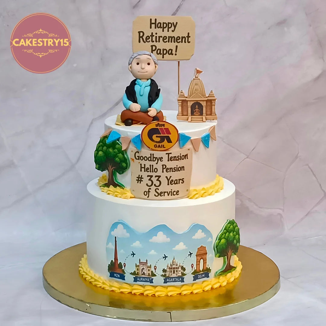A customized two-tier retirement cake for a retiring father, decorated with a custom figurine of a sitting man, a temple topper, and various location illustrations. The cake features a gold base and a sign that reads 'Happy Retirement Papa!' and 'Goodbye Tension Hello Pension #33 Years of Service'.