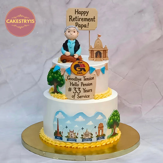 A customized two-tier retirement cake for a retiring father, decorated with a custom figurine of a sitting man, a temple topper, and various location illustrations. The cake features a gold base and a sign that reads 'Happy Retirement Papa!' and 'Goodbye Tension Hello Pension #33 Years of Service'.