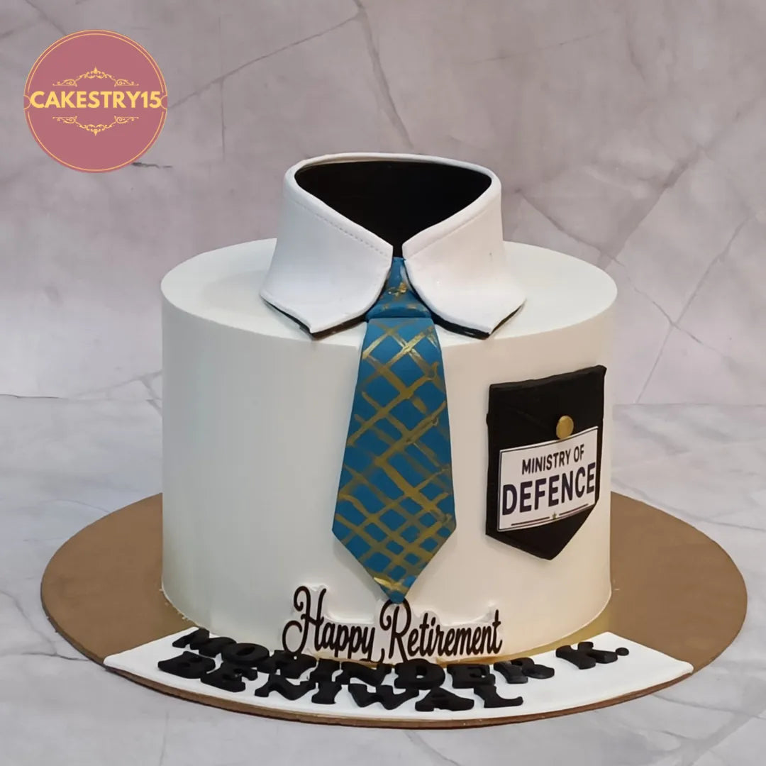 Premium kids birthday cake and retirement theme cake Noida featuring a shirt collar, tie and personalised pocket, handcrafted as fresh eggless cakes.
