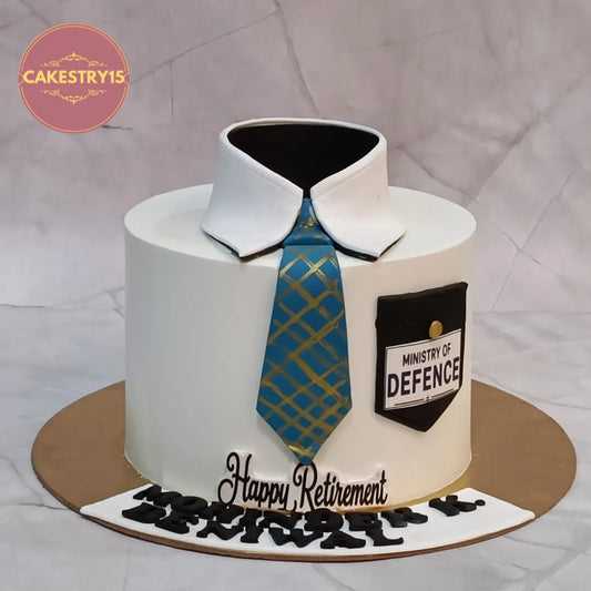Premium kids birthday cake and retirement theme cake Noida featuring a shirt collar, tie and personalised pocket, handcrafted as fresh eggless cakes.