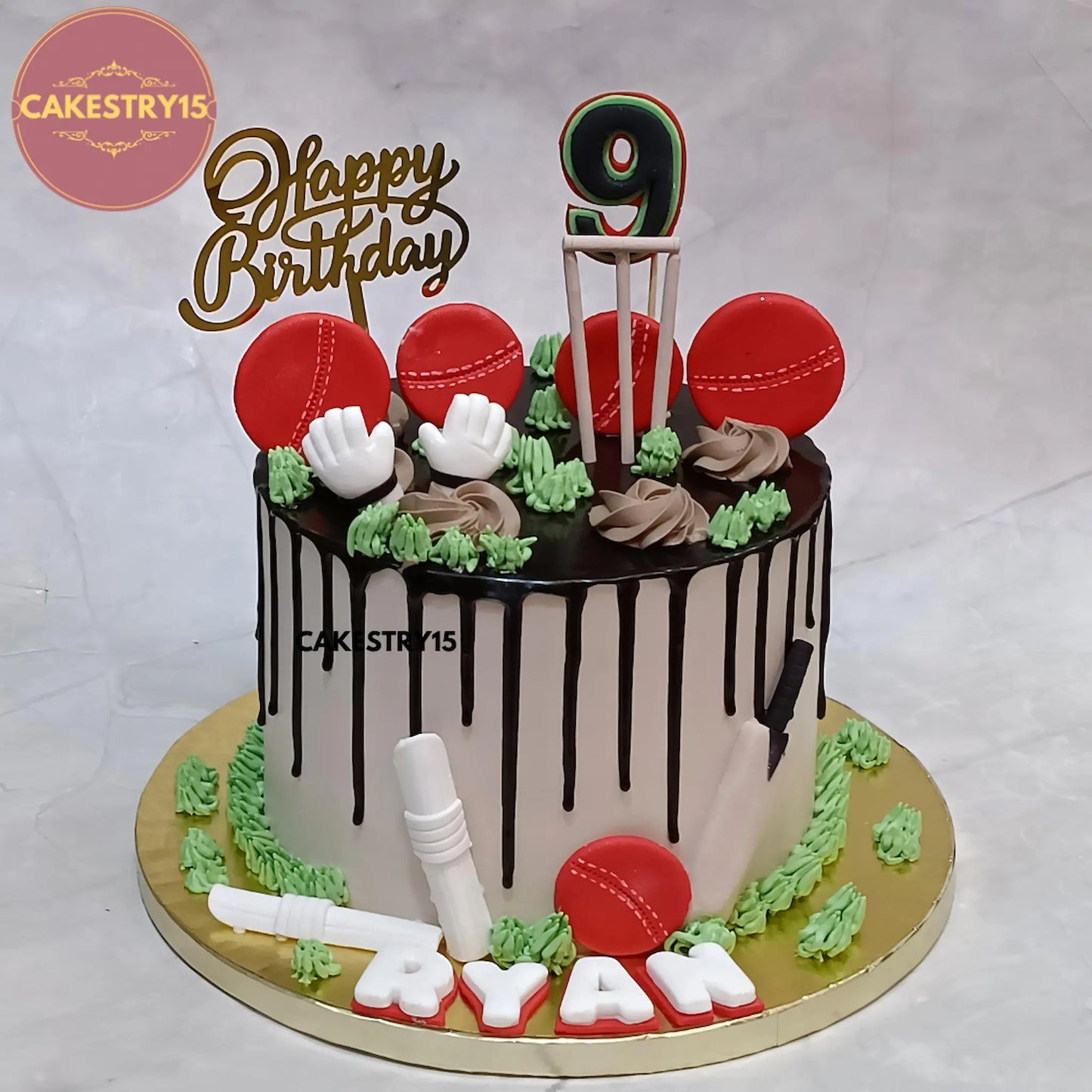 1kg pineapple cricket theme cake with chocolate drip and fondant cricket toppers from Cakestry15 in Noida