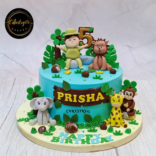 Eggless safari theme kids birthday cake Noida with jungle animals and chocolate design for birthday celebrations.