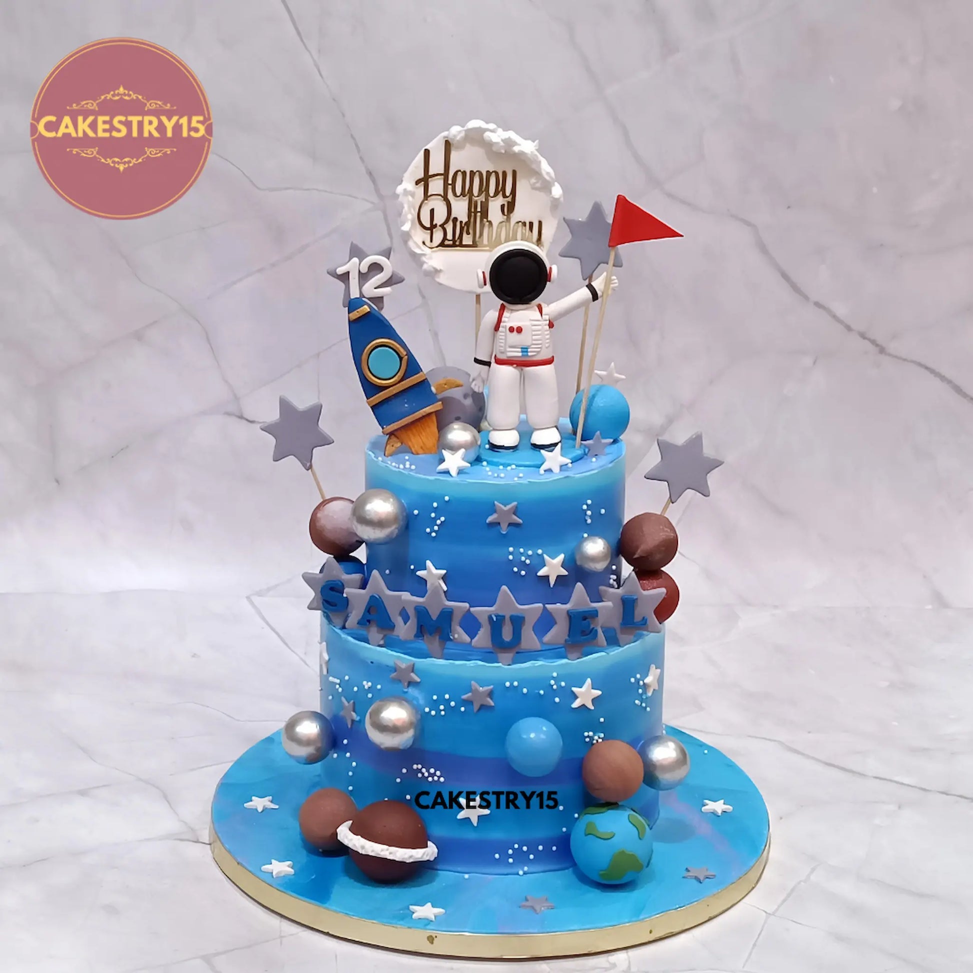 2-tier pineapple space theme cake with astronaut and planets by Cakestry15 Noida