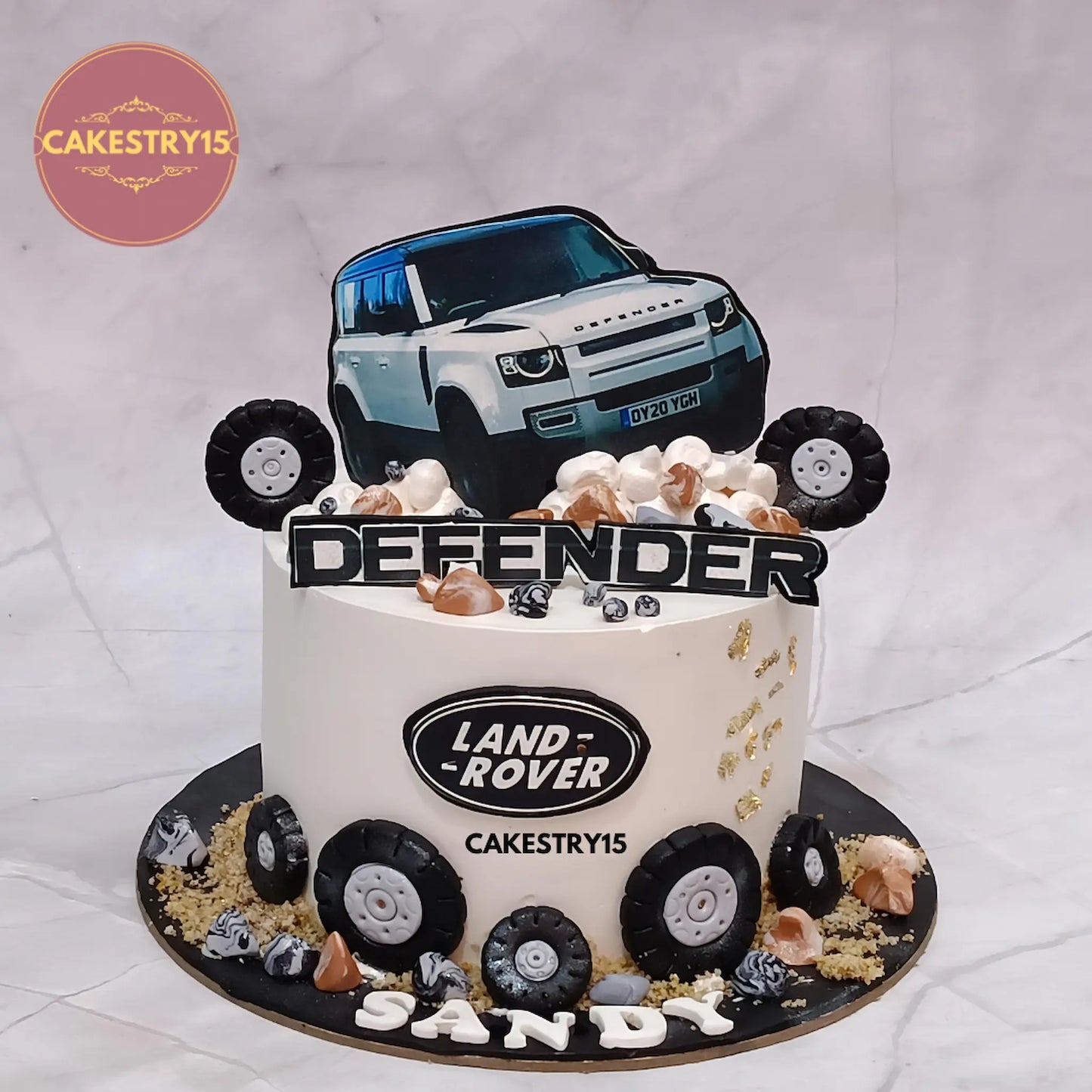 1kg butterscotch Defender car theme cake with edible image and fondant wheels by Cakestry15 Noida