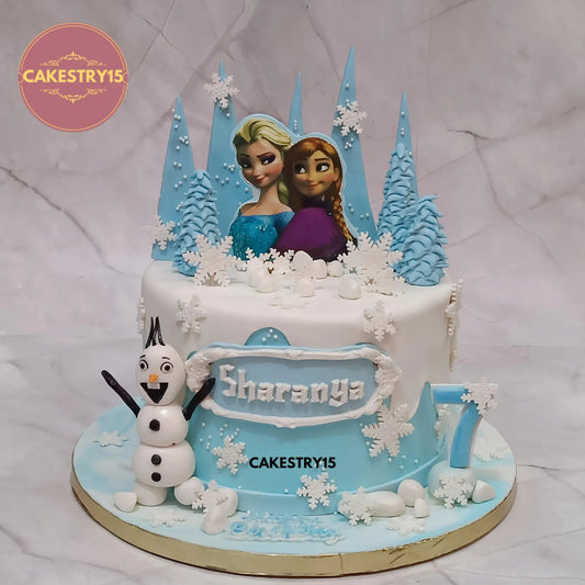2kg chocolate Frozen theme birthday cake with princess pictures, Olaf, and white fondant mountain design from Cakestry15