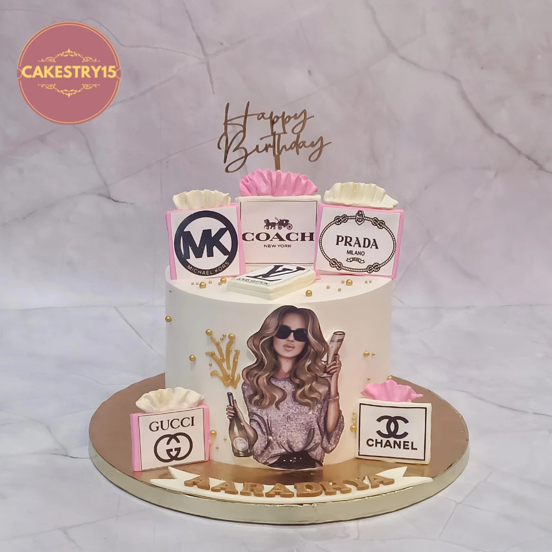 Elegant eggless shopaholic theme cake with fashion-inspired details, perfect as a kids birthday cake and premium theme cake in Noida.