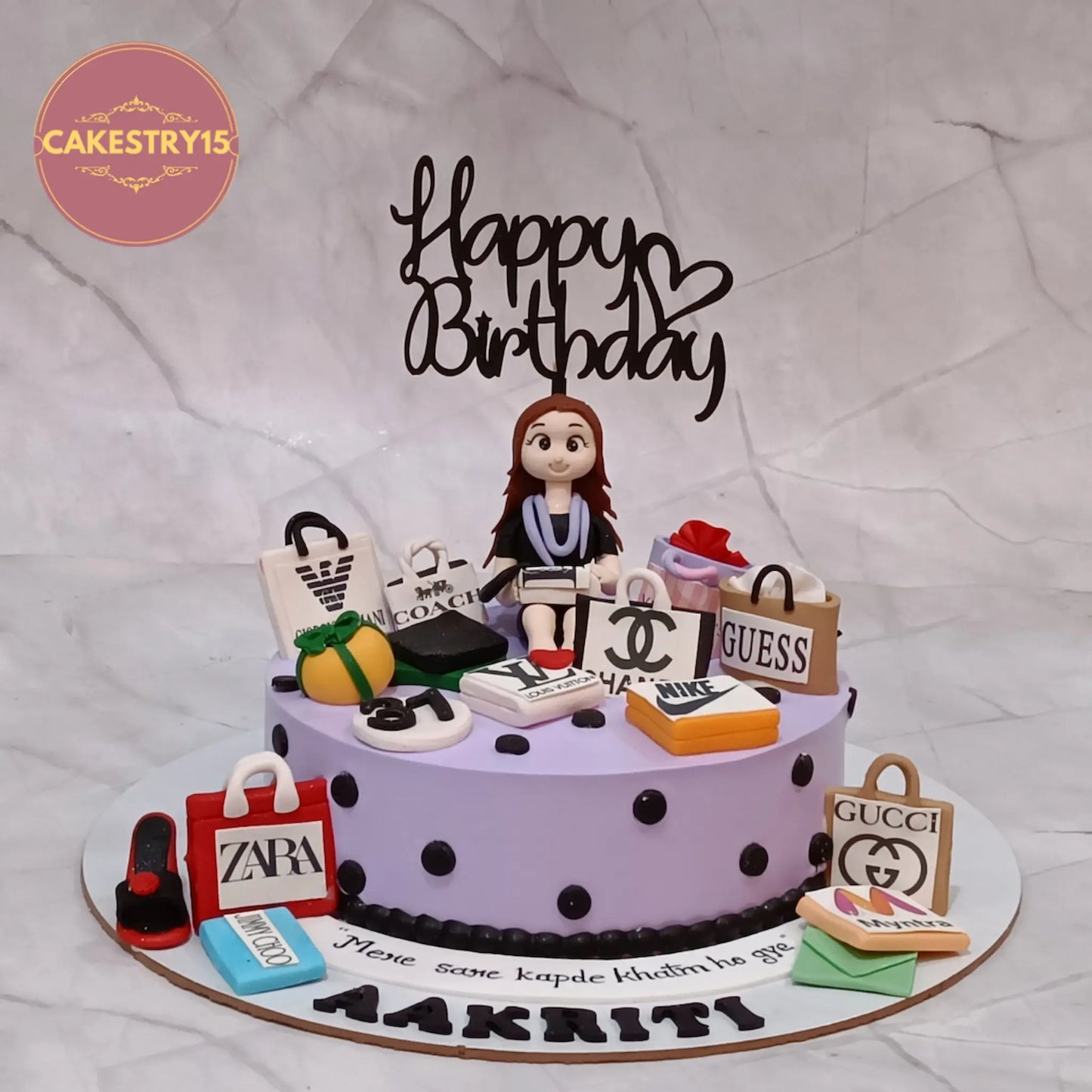 Shopaholic theme eggless chocolate birthday cake for aakriti with luxury shopping bag fondant design in noida