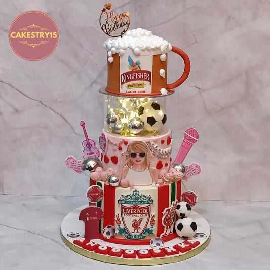 Eggless soccer and Taylor Swift fusion theme 25th birthday cake with Liverpool logo, guitar elements and beer mug topper in Noida