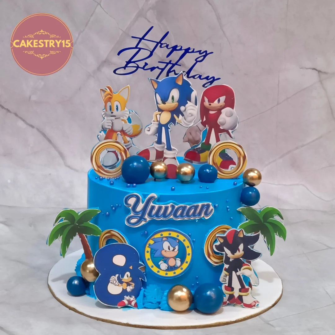 Sonic theme kids birthday cake with edible character images, a theme cake Noida design and eggless cakes quality.