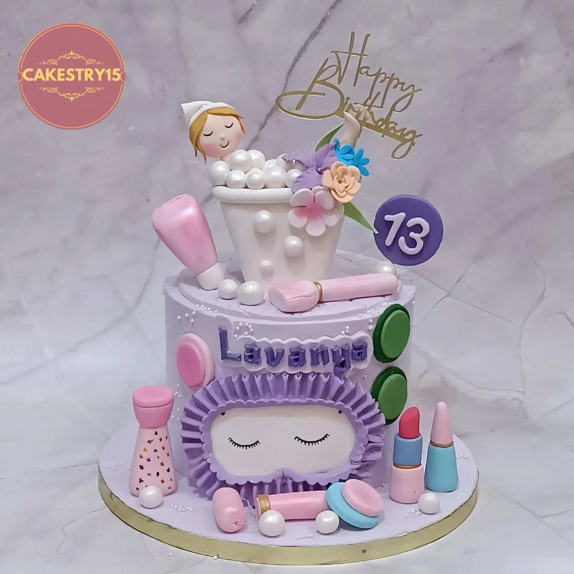 Spa theme eggless chocolate birthday cake with girl figurine and makeup elements for a 13th birthday in Noida by cakestry15