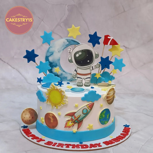 Space themed kids birthday cake with astronaut and planets, premium theme cake Noida from eggless cakes collection