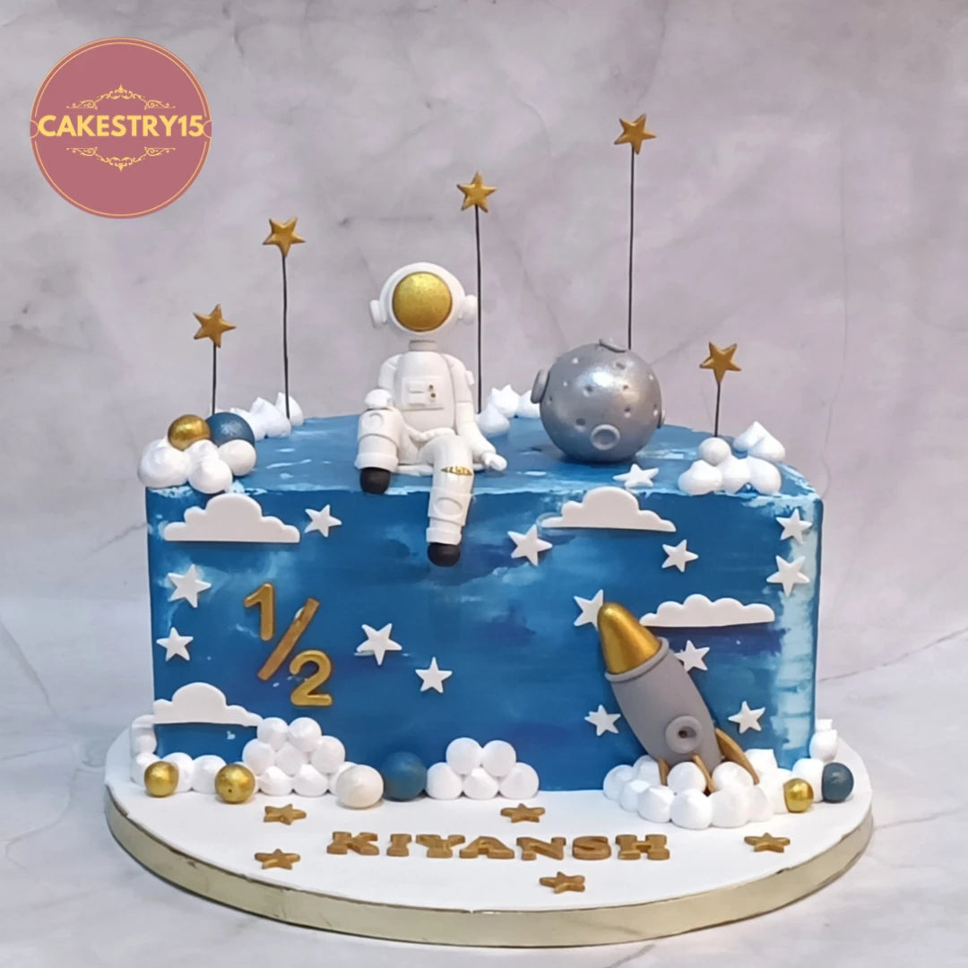 Space theme kids birthday cake with astronaut, rocket and planets, handcrafted as a premium theme cake Noida families love, made with fresh eggless cakes.