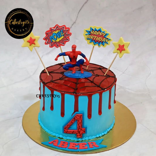 1kg Spiderman chocolate birthday cake with toy topper and red drip by Cakestry15 Noida