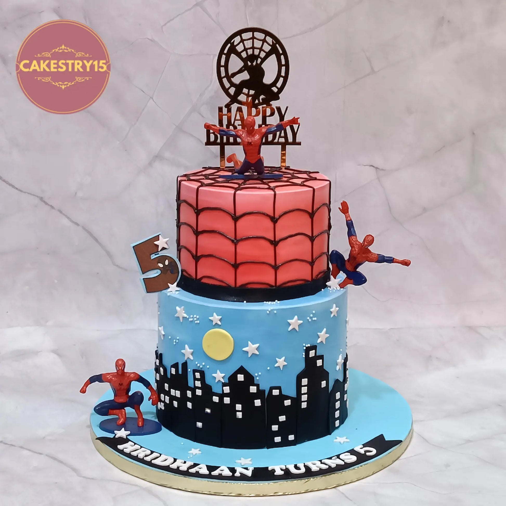Spiderman theme 5th birthday cake 3kg choco vanilla eggless custom cake for kids in Noida by cakestry15