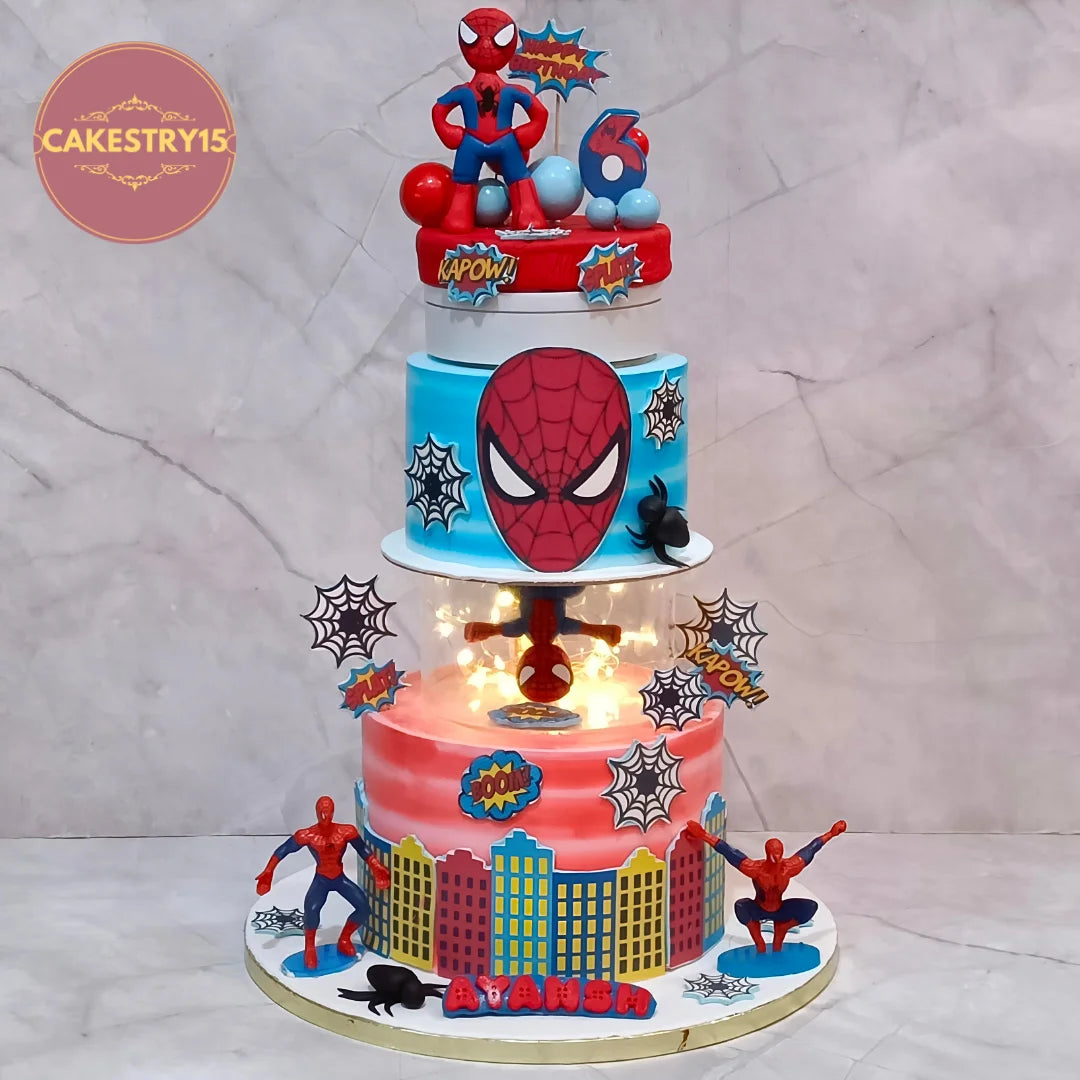 Spiderman kids birthday cake with a 3-tier design from a theme cake Noida bakery offering premium eggless cakes.