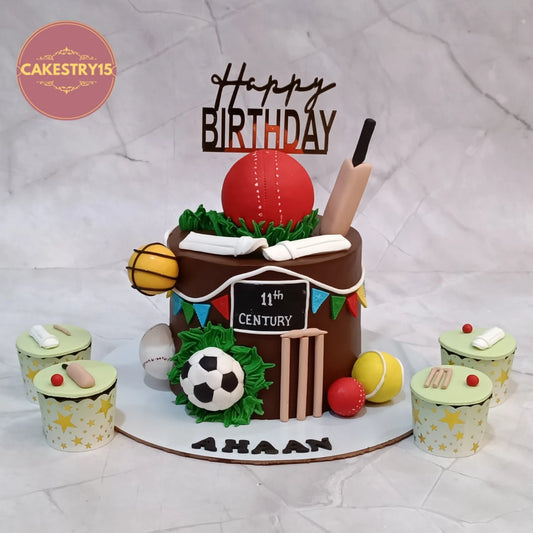 Sports Arena kids birthday cake featuring cricket, football, baseball and tennis elements, a premium theme cake Noida design from our range of eggless cakes.