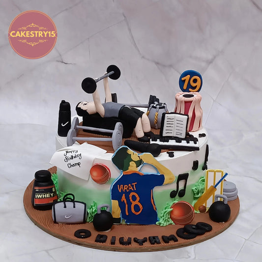 Sports theme 19th birthday cake for boy with gym, cricket and music elements, eggless chocolate cake in Noida by cakestry15