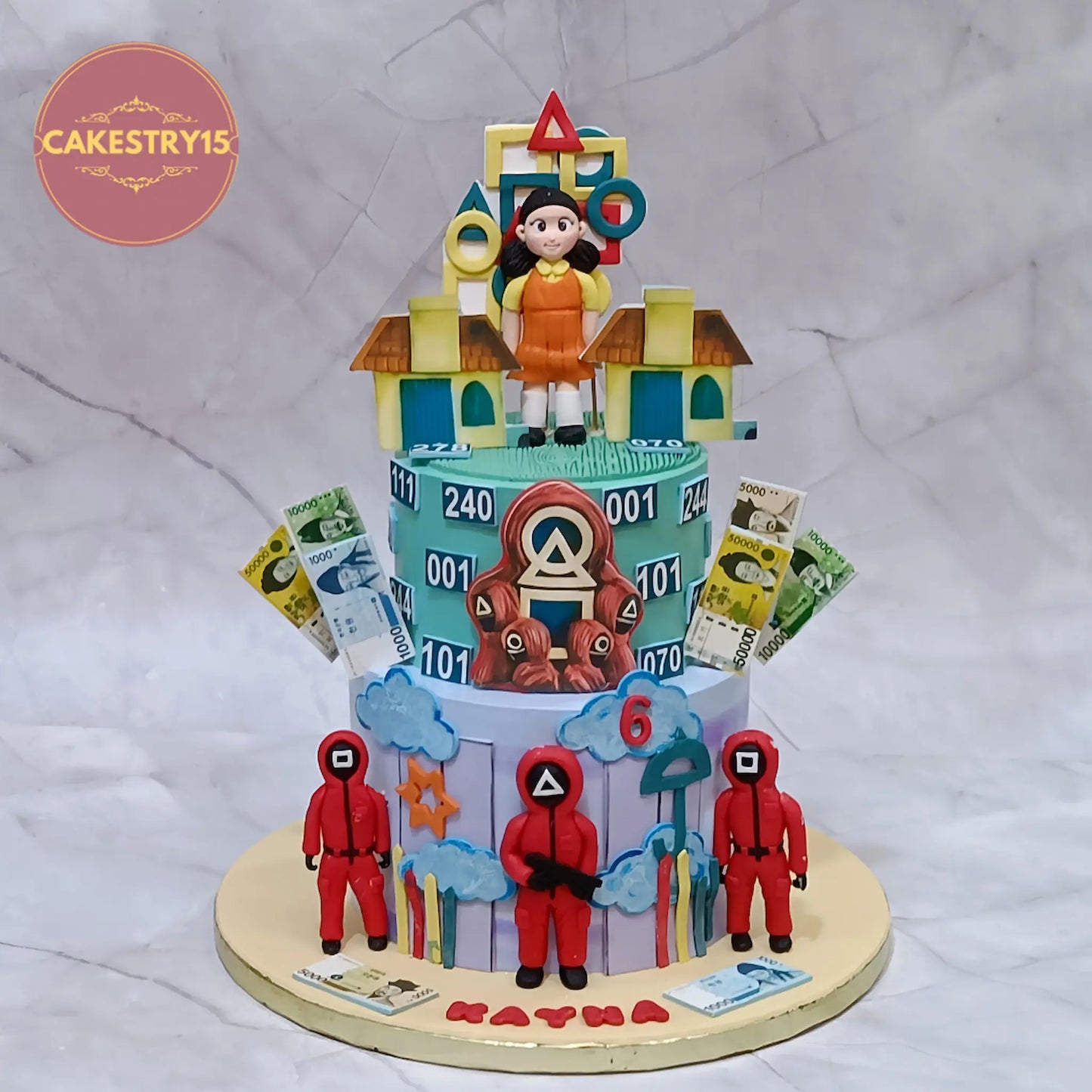 Squid Game theme 6th birthday cake 3kg choco vanilla with fondant figurines and edible images, eggless kids birthday cake in Noida by cakestry15