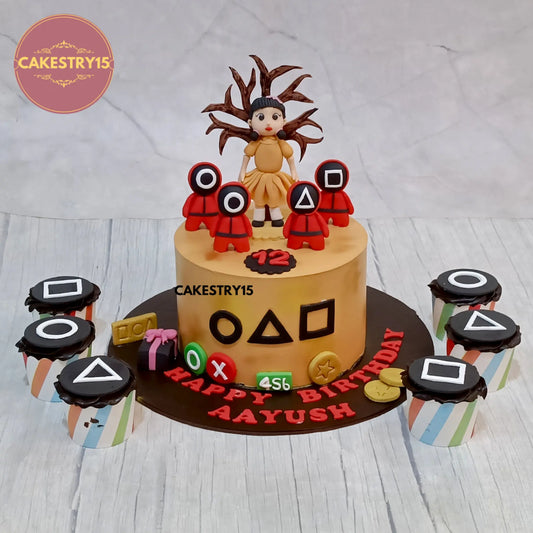 1kg Squid Games theme Black Forest cake with fondant elements by Cakestry15 Noida

