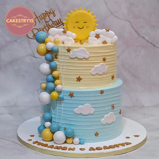 Sunshine theme kids birthday cake with sun, clouds and stars from an eggless cakes bakery offering a theme cake Noida.
